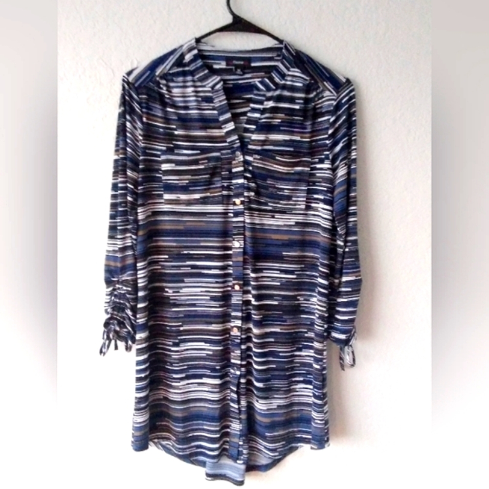Cocomo Blouse Top Shirt Womens XS Stretch Jersey Knit Stripe Tunic Blue Black